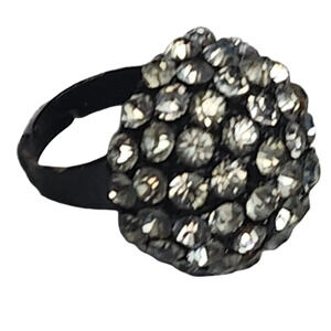 Vtg 1960s Adjustable Black Enamel Rhinestone Ball Cluster Dome Ring